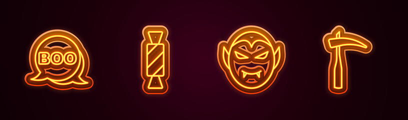 Set line Boo speech bubble, Candy, Vampire and Scythe. Glowing neon icon. Vector