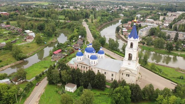 Aerial view of Kashin city with Resurrection Cathedral and Kashinka river, Tver region, Russia