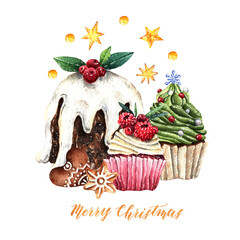 Watercolor illustration, Merry Christmas, Traditional British Christmas Pudding,cupcakes, gingerbread cookie. Handmade, Postcard for you. Background white