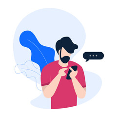 SMS notification. SMS Marketing. OTP. Social media concept. Flat style. Vector illustration. Man holding phone, reading message. Message notification