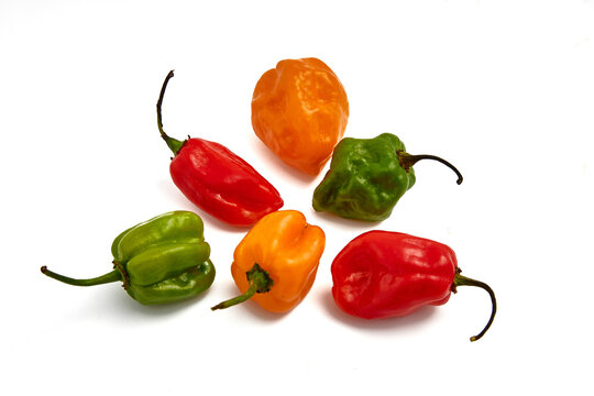 Chiles habaneros rojos, verdes y amarillos en fondo blanco.