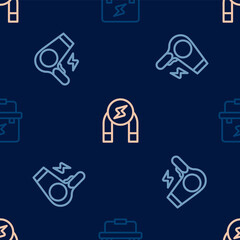 Set line Toolbox electrician, Hair dryer and Magnet on seamless pattern. Vector