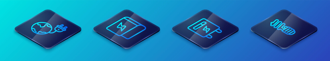 Set Isometric line Electric meter, Global energy planet with plug, LED light bulb and Book about electricity icon. Vector