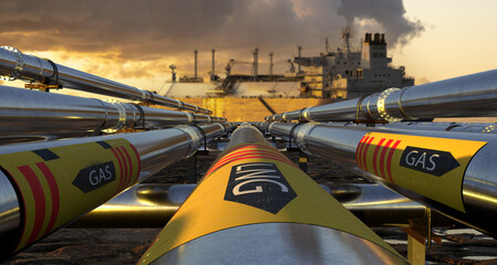 Pipelines leading the LNG terminal and the LNG tanker - obrazy, fototapety, plakaty
