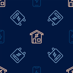 Set line Mobile phone, Electric meter and Smart home on seamless pattern. Vector