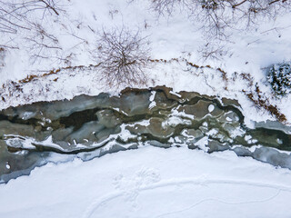 overhead view of the frozen river