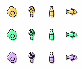 Set line Bottle of wine, Scrambled egg, Fly agaric mushroom and Fish icon. Vector