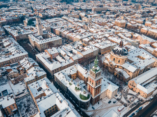 Obraz premium aerial view of snowed lviv center