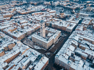 aerial view of snowed lviv center