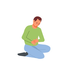 Sick Man huddled holding his stomach. Character with abdominal pain