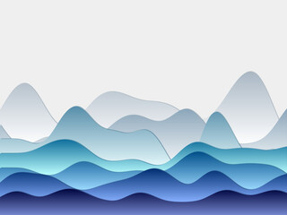 Abstract mountains background. Curved layers in blue colors. Papercut style hills. Creative vector illustration.