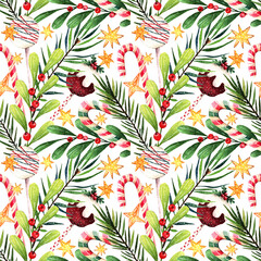 Fototapeta premium Watercolor illustration, Merry Christmas, candy stick, lollipop, pop cake, spruce branches, mistletoe. Background light, seamless pattern. Handmade