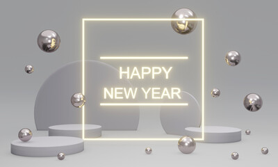 3D Rendering concept of Happy new year text with elements composition background. 3D Render. 3D illustration.