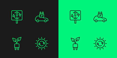 Set line Solar energy panel, Electric saving plug in leaf, Recycle symbol and car icon. Vector