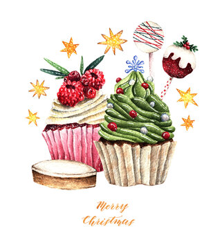 Watercolor illustration, Merry Christmas, cupcakes, gingerbread cookie, pop cake. Handmade, Postcard for you. Background white