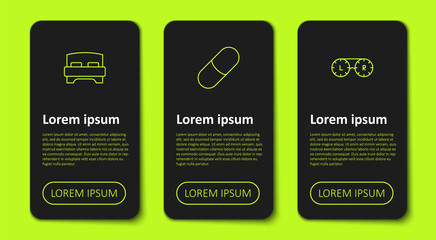 Set line Big bed, Sleeping pill and Contact lens container. Business infographic template. Vector