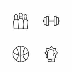 Set line Punch in boxing gloves, Basketball ball, Bowling pin and Dumbbell icon. Vector