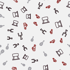 Set line American football goal post, Pommel horse, Tennis racket and Golf bag with clubs on seamless pattern. Vector