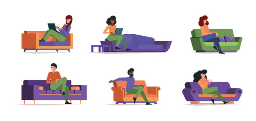 Rest on sofa. Characters relaxing on couch lazy people sleeping persons garish vector flat illustrations