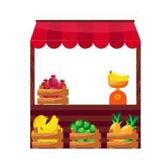 Fruits supermarket stall. Fruits, vegetables wooden counter, grocery store organic food. Fresh Fruits local shop vector illustration. Farmer Selling apples, pineapple, pomegranate, bananas. 