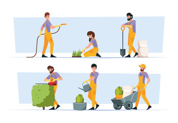 Gardeners. Agriculture characters people growth plants harvest person fruits and vegetables tree garish vector flat illustrations set isolated
