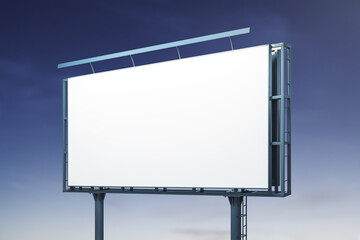 Blank white horizontal billboard on blue sky background at night, perspective view. Mockup, advertising concept