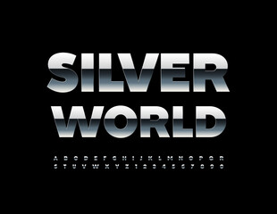 Vector premium template Silver World. Iron reflective Font. Metal Alphabet Letters and Numbers set