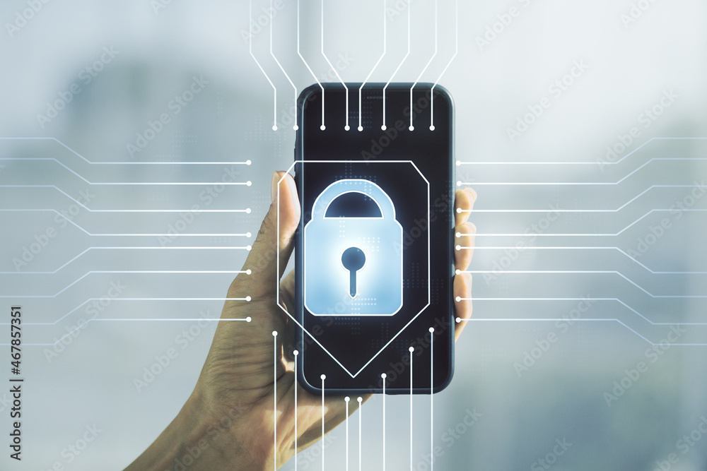 Aufkleber creative lock illustration with microcircuit and hand with mobile phone on background, cyber securit