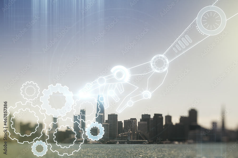 Aufkleber abstract virtual robotics technology hologram on san francisco skyline background. robot development
