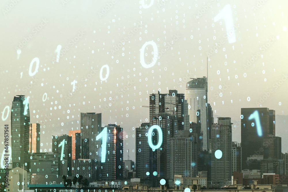 Leinwandbilder Abstract virtual binary code sketch on Los Angeles office buildings background, hacking and matrix concept. Multiexposure