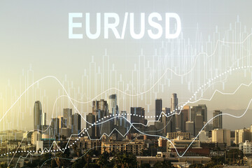 Double exposure of abstract virtual EURO USD forex chart hologram on Los Angeles city skyscrapers background. Banking and investing concept
