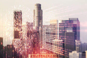 Abstract virtual code skull hologram on Los Angeles cityscape background, cybercrime and hacking...