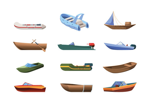 Wooden boats. Sea or ocean transport boats little ships garish vector cartoon water vehicles