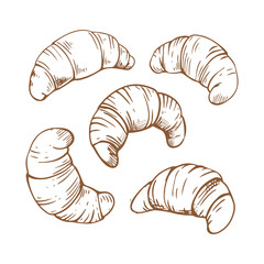 Croissant set. Outline bakery croissant isolated on white background for design menu cafe,bistro, restaurant, label and packaging. Vector illustration in doodle style