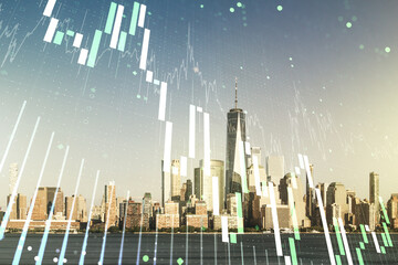 Multi exposure of virtual abstract financial graph interface on Manhattan cityscape background, financial and trading concept