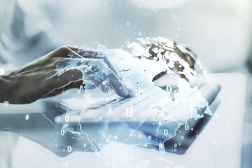 Multi exposure of abstract programming language hologram with world map and hands typing on computer keyboard on background, artificial intelligence and neural networks concept