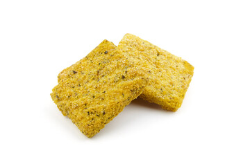 Frozen breaded fish fillets isolated on white