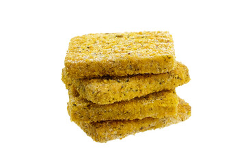 Frozen breaded fish fillets isolated on white
