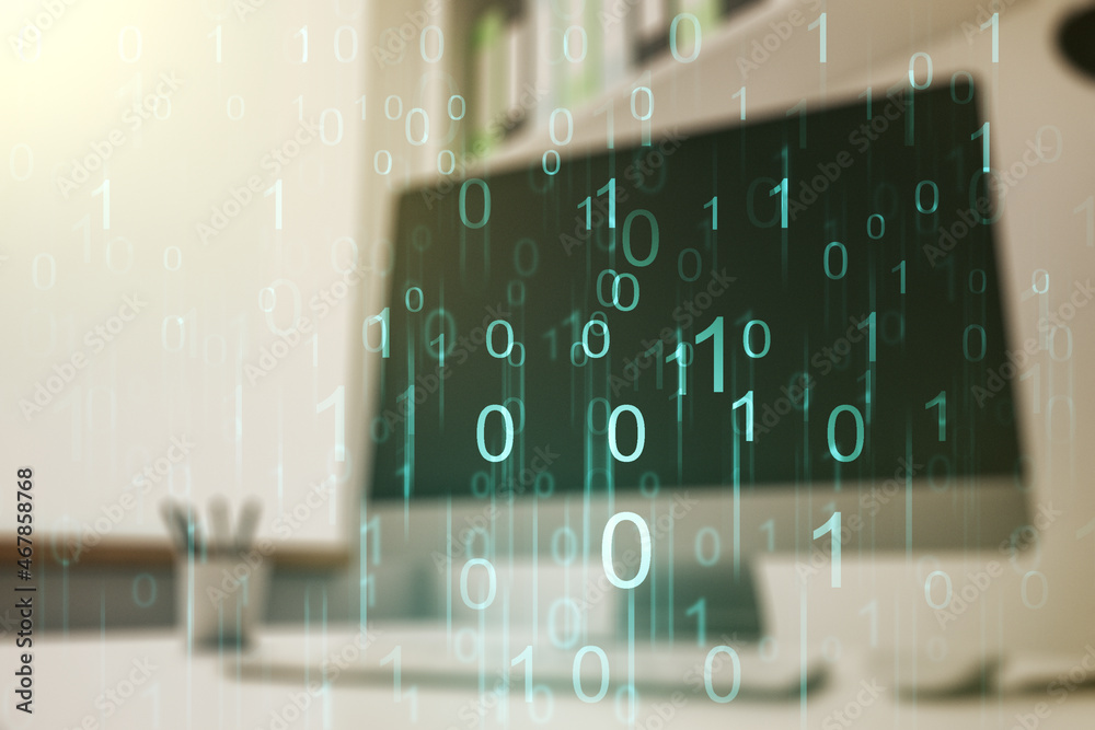 Poster creative abstract binary code hologram and modern desktop with pc on background, ai and machine lear