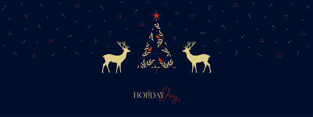 Obraz na płótnie Canvas Horizontal Christmas, Holiday border with decorative Christmas Tree, reindeers, birds and greetings. Merry xmas header or banner. Wallpaper or backdrop decor.