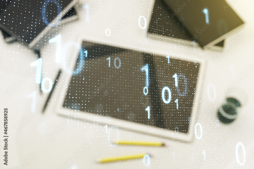 Poster creative abstract binary code sketch and modern digital tablet on background, hacking and matrix con