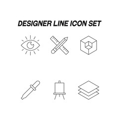 Industry concept. Collection of modern high quality design line icons. Editable stroke. Premiul linear symbols of eye, pencil and liner, bunch of paper sheets, dropper tool, canvas