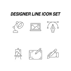 Industry concept. Collection of modern high quality design line icons. Editable stroke. Premiul linear symbols of table lamp, picture on laptop screen, pen, canvas