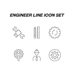 Fototapeta na wymiar Collection of modern engineer outline icons. Set of modern illustrations for mobile apps, web sites, flyers, banners etc. Line icons of arrows inside gear, pencil and liner, builder