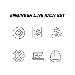 Collection of modern engineer outline icons. Set of modern illustrations for mobile apps, web sites, flyers, banners etc. Line icons of arrows over gear, cube, helmet, gear on hand