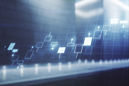 Abstract virtual financial graph hologram on blurry modern office building background, forex and investment concept. Multiexposure