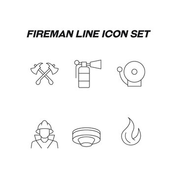 Industry concept. Collection of fireman high quality vector outline signs for web pages, books, online stores, flyers, banners etc. Icons of crossed axes, fire extinguisher, sprinkler system, flame