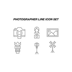 Photographer line icon set. Modern outline high quality illustration for banners, flyers and web sites. Editable strokes of photo camera, lens, studio light, faceless photographer