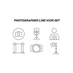 Photographer line icon set. Modern outline high quality illustration for banners, flyers and web sites. Editable strokes of studio light, photo camera, faceless photographer