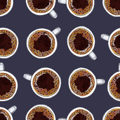 watercolor illustration seamless pattern white cup with coffee on blue background,for wallpaper,fabric or furniture